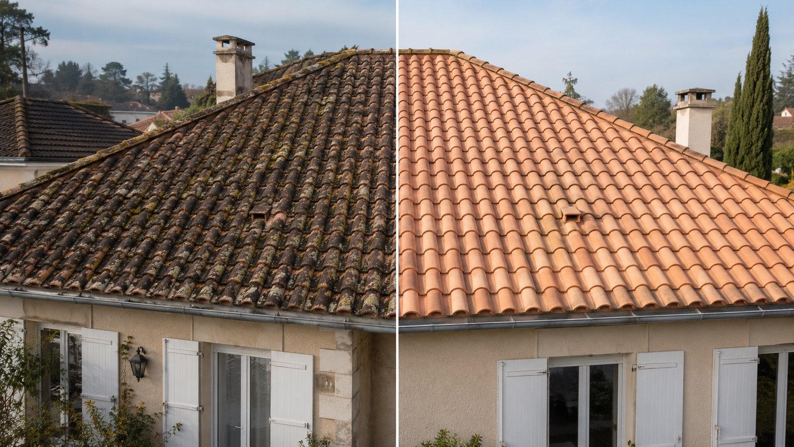 Avant après d’une toiture en tuiles rénovée